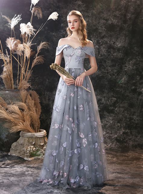 Embroidered Long Dress Gray Tulle with Dragonfly Embroideries